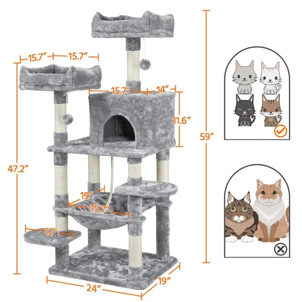 58-in Cat Tree & Condo Scratching Post Tower, Gray